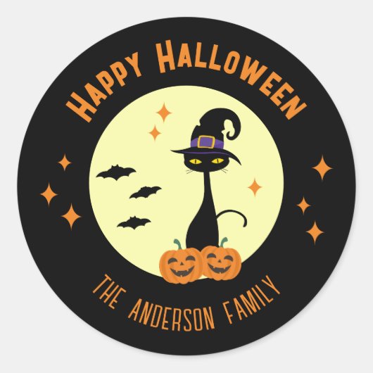 Happy Halloween Black Cat gepersonaliseerd Ronde Sticker (Voorkant)