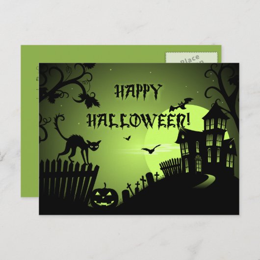 Happy Halloween Black Cat Haunted House Briefkaart (Voorkant / Achterkant)