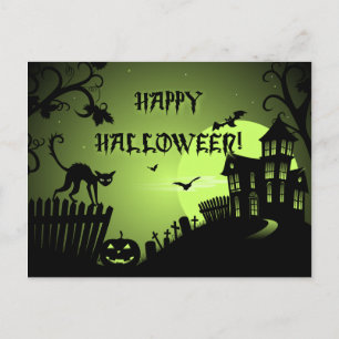 Happy Halloween Black Cat Haunted House Briefkaart