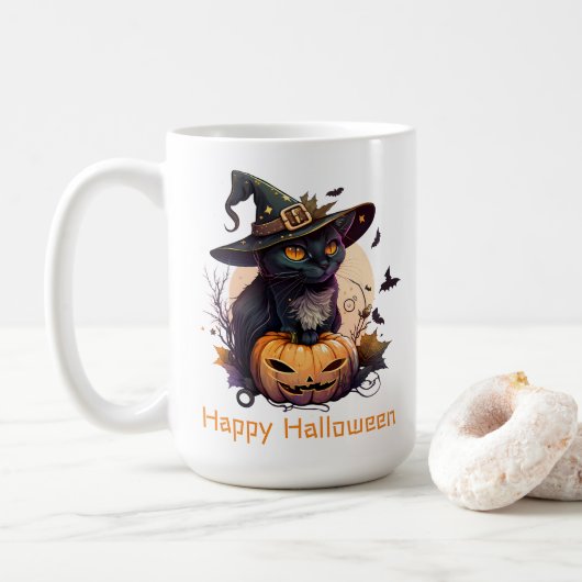 Happy Halloween Black Cat Jack-o-Lantern Koffiemok (Met donut)