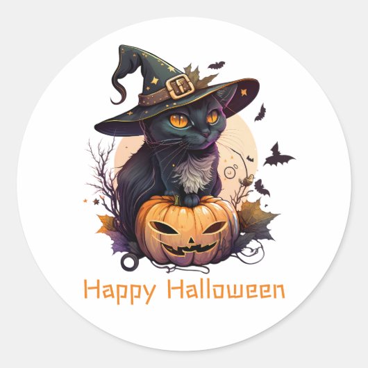 Happy Halloween Black Cat Jack-o-Lantern Ronde Sticker (Voorkant)