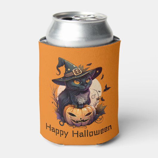 Happy Halloween Black Cat Jack-o-Lantern Sinaasapp Blikjeskoeler (Blikje Voorkant)