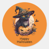 Happy Halloween Black Cat Jack-o-Lantern Sinaasapp Ronde Sticker (Voorkant)