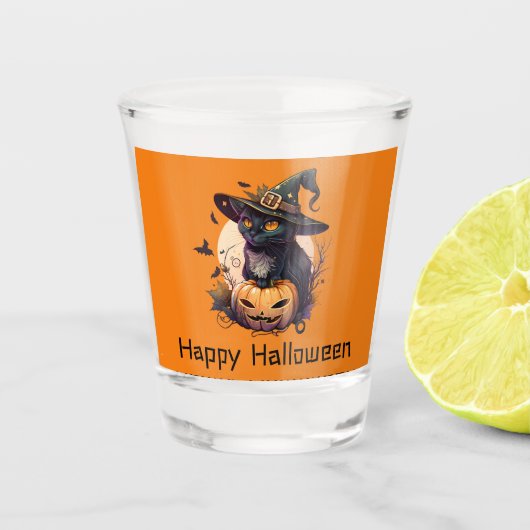Happy Halloween Black Cat Jack-o-Lantern Sinaasapp Shot Glas (Voorkant)