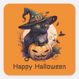 Happy Halloween Black Cat Jack-o-Lantern Sinaasapp Vierkante Sticker