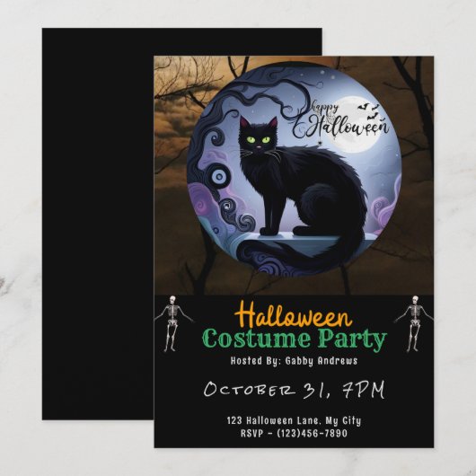 Happy Halloween Black Cat Moon Black Halloween Kaart (Voorkant / Achterkant)