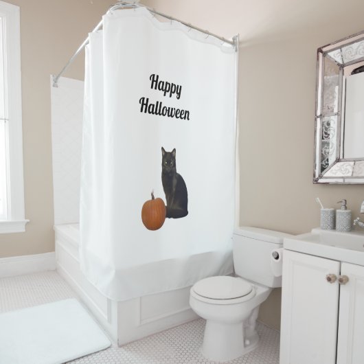 Happy Halloween Black Cat Oranje Pumpkin White Douchegordijn (In situ)