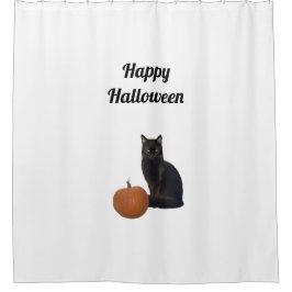Happy Halloween Black Cat Oranje Pumpkin White Douchegordijn
