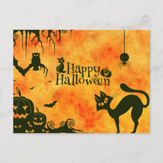 Happy Halloween Black cat, owl, pompoenen Briefkaart