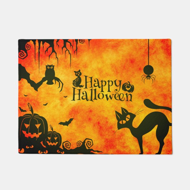 Happy Halloween Black cat, owl, pompoenen Deurmat (Voorkant)