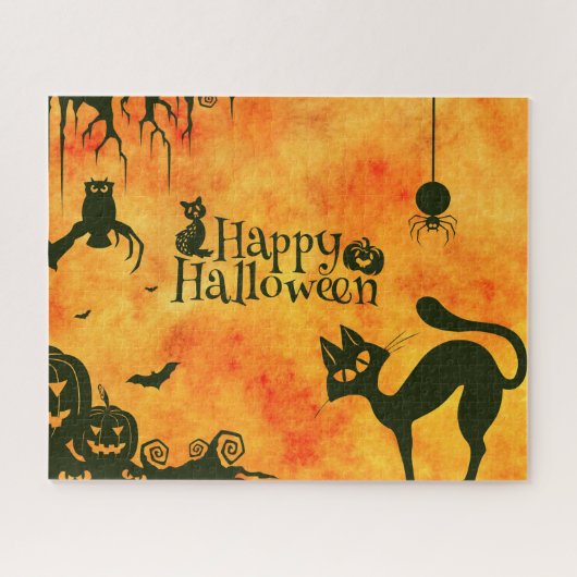 Happy Halloween Black cat, owl, pompoenen Legpuzzel (Horizontaal)