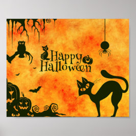 Happy Halloween Black cat, owl, pompoenen Poster