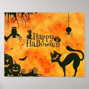 Happy Halloween Black cat, owl, pompoenen Poster
