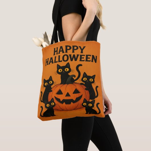 Happy Halloween Black Cat & Pumpkin Tote Bag (Dichtbij)