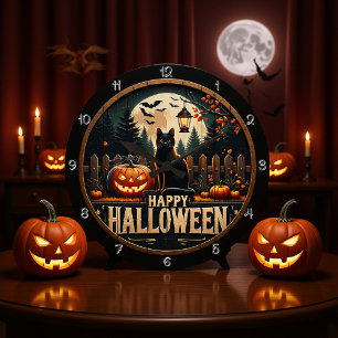 Happy Halloween Black Cat Scene Grote Klok