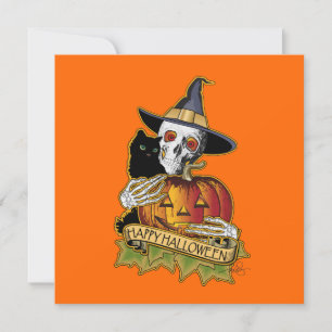 Happy Halloween Black Cat, Skull en Pumpkin Kaart