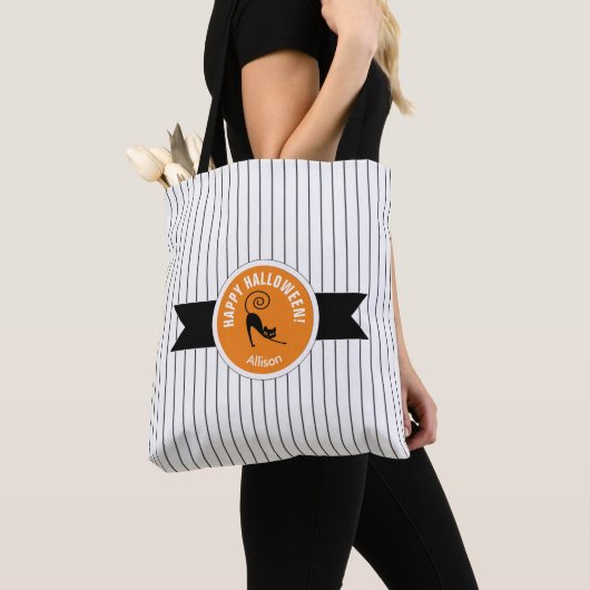 Happy Halloween Black Cat & Stripes ID686 Tote Bag (Dichtbij)