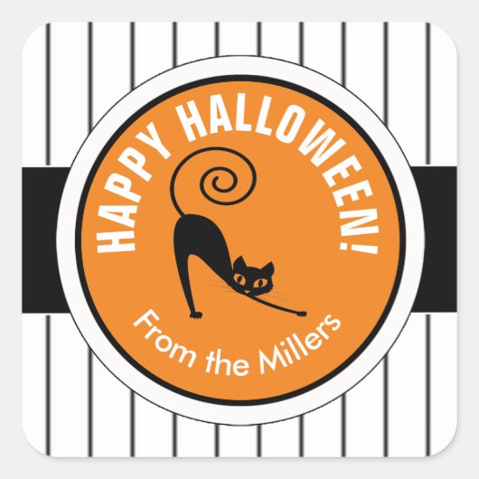Happy Halloween Black Cat & Stripes ID686 Vierkante Sticker (Voorkant)