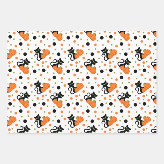 Happy Halloween Black Cat Stripes Polkadots Inpakpapier Vel (Voorkant)