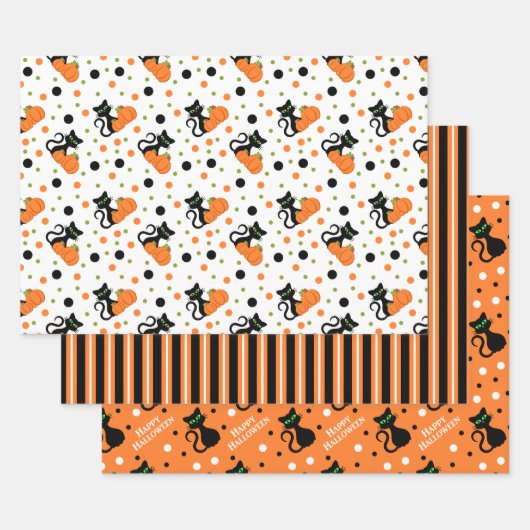 Happy Halloween Black Cat Stripes Polkadots Inpakpapier Vel (Set)