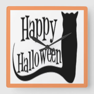 "HAPPY HALLOWEEN" BLACK CAT VIERKANTE KLOK