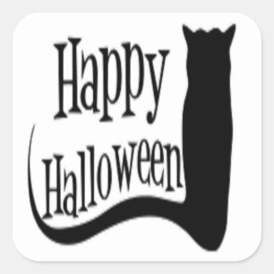 "HAPPY HALLOWEEN" BLACK CAT VIERKANTE STICKER