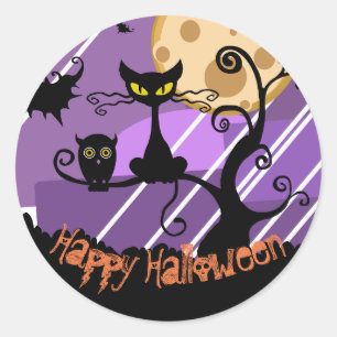 Happy Halloween Black Cat, vleermuizen, Uil Sticke Ronde Sticker