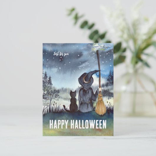 Happy Halloween Black Cat Witch Briefkaart (Staand voorkant)