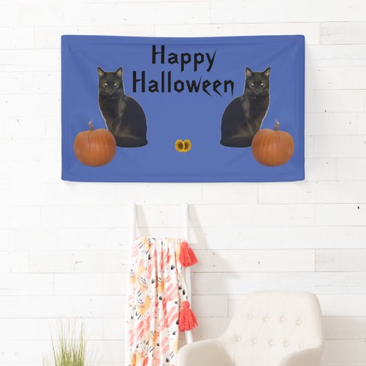 Happy Halloween Black Cats Pumpkins op Blue Spandoek (Insitu)