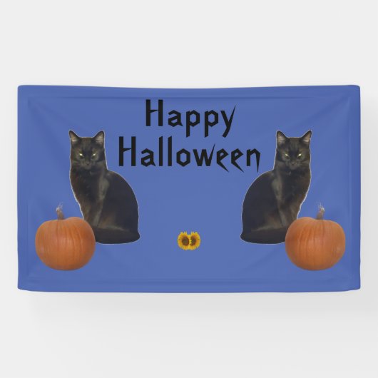 Happy Halloween Black Cats Pumpkins op Blue Spandoek (Horizontaal)