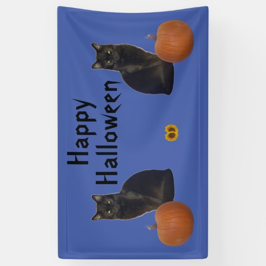 Happy Halloween Black Cats Pumpkins op Blue Spandoek (Verticaal)
