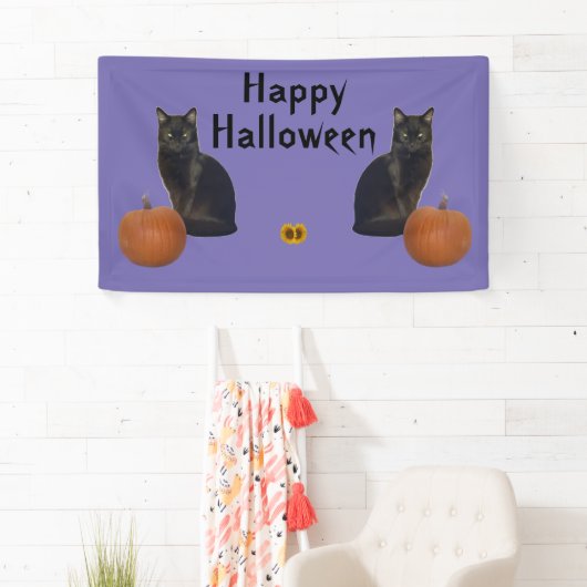 Happy Halloween Black Cats Pumpkins op Paars Spandoek (Insitu)