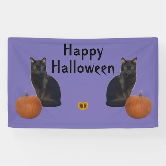 Happy Halloween Black Cats Pumpkins op Paars Spandoek (Horizontaal)