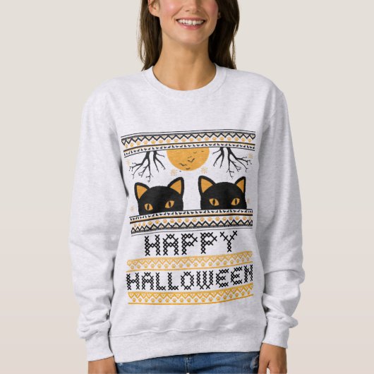 Happy Halloween Black Cats Ugly Sweater Faux Knit (Voorkant)