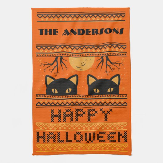 Happy Halloween Black Cats Ugly Sweater Faux Knit Theedoek (Verticaal)