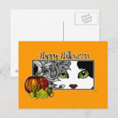 Happy Halloween Black in White Cat Briefkaart (Voorkant / Achterkant)
