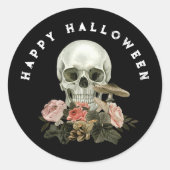 Happy Halloween Black Skull Pink Floral Ronde Sticker (Voorkant)
