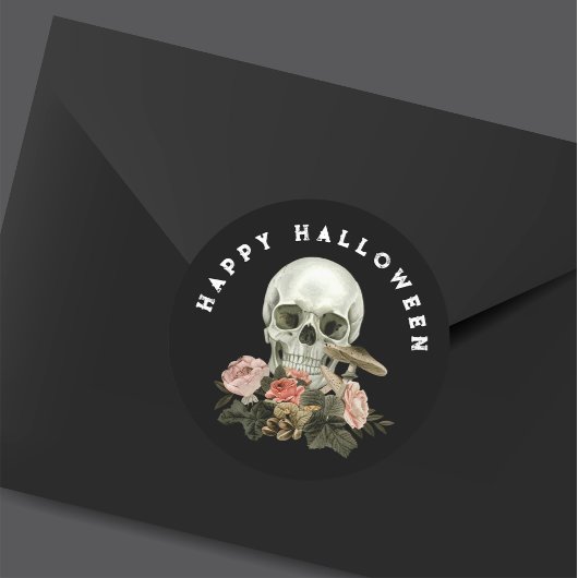 Happy Halloween Black Skull Pink Floral Ronde Sticker