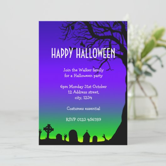 Happy Halloween blauw en groene begraafplaats gloe Kaart (Staand voorkant)