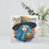 Happy Halloween | Blauwe haired heks Kaart (Staand voorkant)