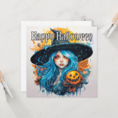Happy Halloween | Blauwe haired heks Kaart (Voorkant / Achterkant in situ)