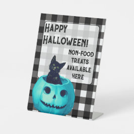 Happy Halloween Blauwgroen Pumpkin en Plaid Reclamebord Met Voetstuk