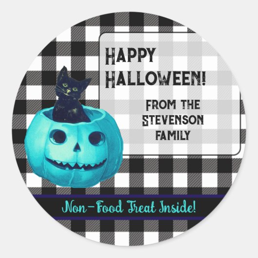 Happy Halloween Blauwgroen Pumpkin en Plaid Ronde Sticker (Voorkant)