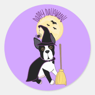 Happy Halloween Boston Terrier Witch Ronde Sticker