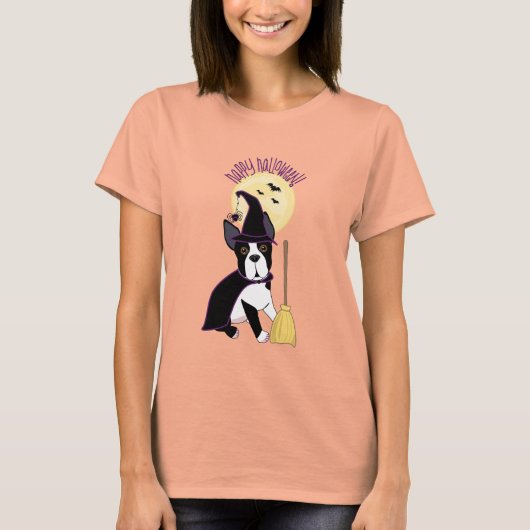 Happy Halloween Boston Terrier Witch T-shirt (Voorkant)