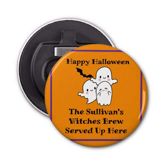 Happy Halloween Brew Ghost Bat Sinaasappel Button Flesopener (Voorkant)