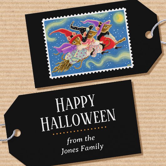 Happy Halloween Broomstick Muizen Schattigee Heks Cadeaulabel