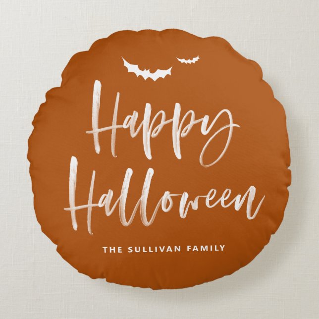 Happy Halloween Brush Lettering Verbrand Sinaasapp Rond Kussen (Voorkant)