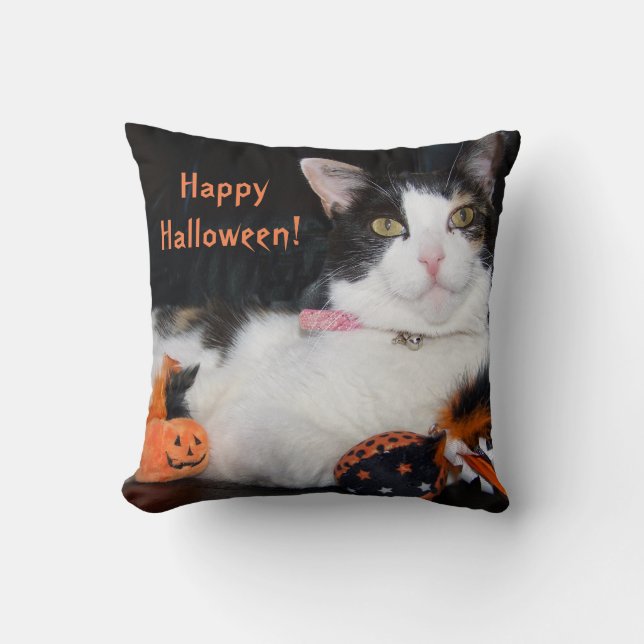 Happy Halloween Calico Cat met pompoen Kussen (Voorkant)