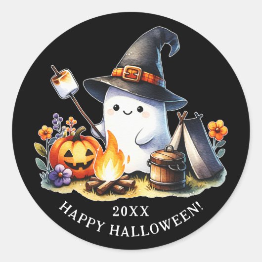 Happy Halloween Camping Schattige Ghost Black Ronde Sticker (Voorkant)